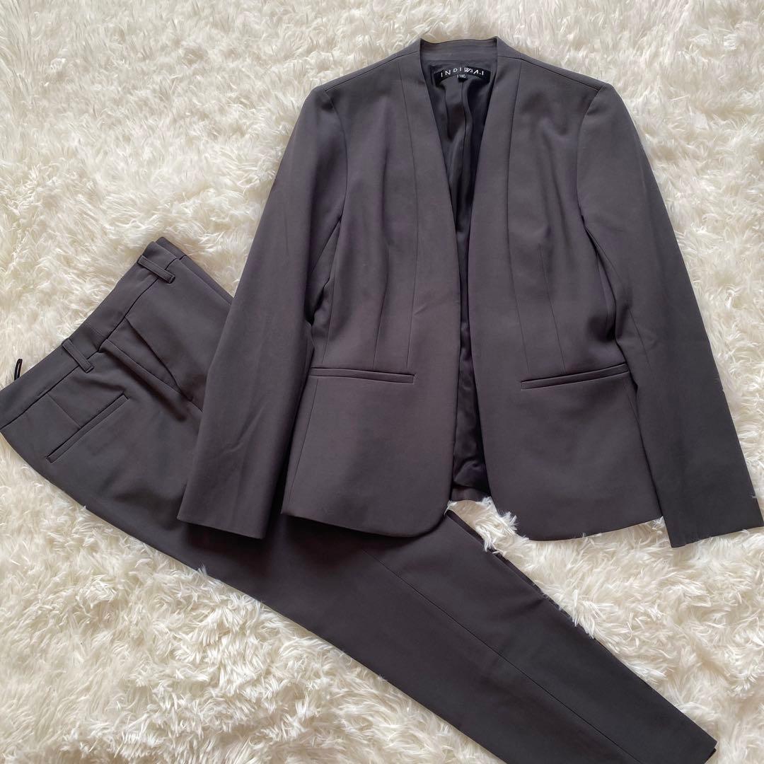 インディヴィ　ノーカラージャケット　セットアップ　グレー　パンツスーツ