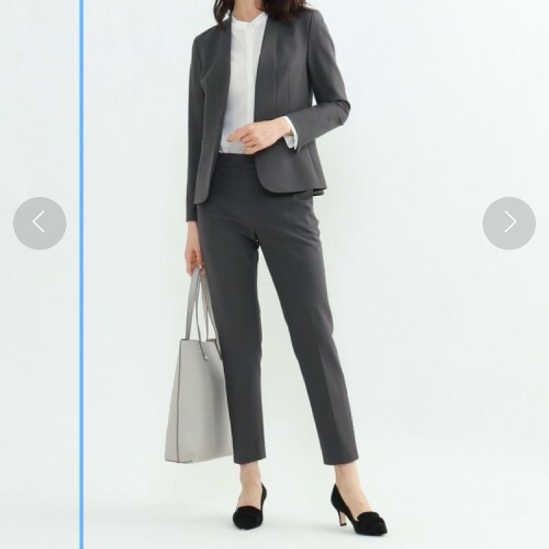 インディヴィ　ノーカラージャケット　セットアップ　グレー　パンツスーツ