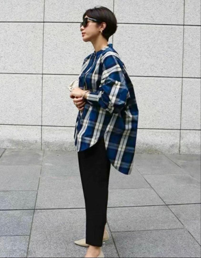 マチャット ネイビー チェック柄 オーバーブラウス