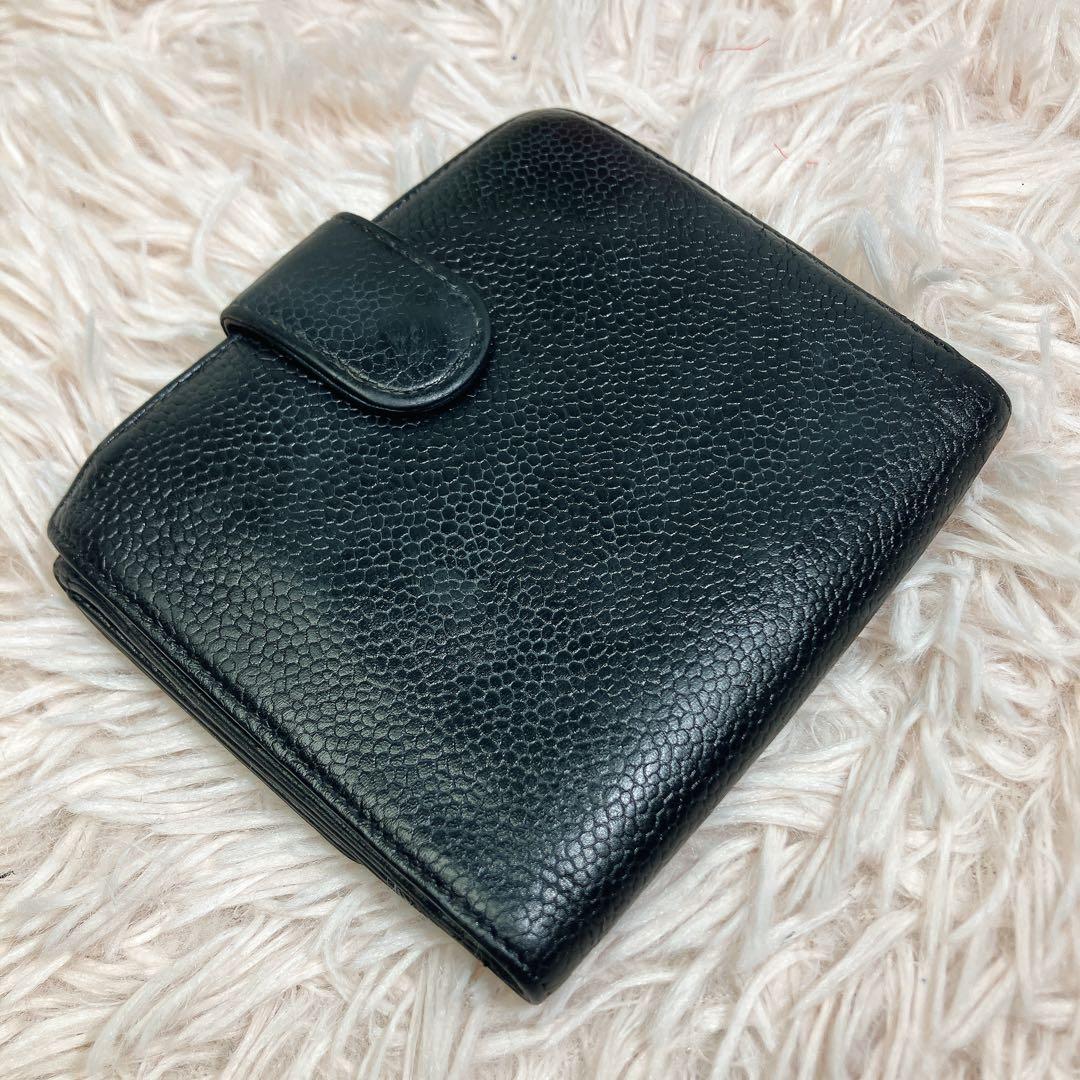 美品 CHANEL 二つ折り財布 ココマーク キャビアスキン レザー Wホック