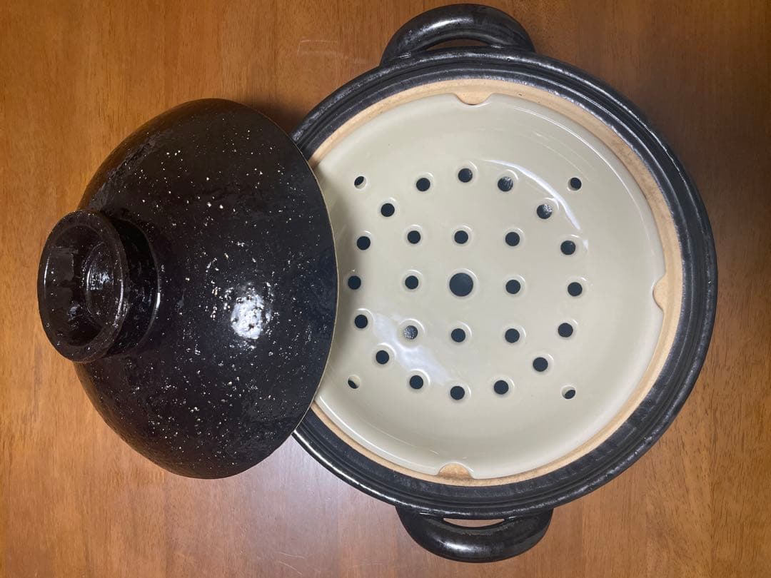 長谷園　ヘルシー蒸し鍋（黒）　大 （陶製すのこ付