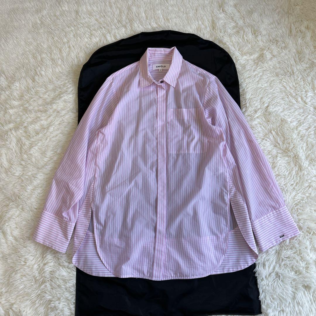 美品✨完売 エンフォルド ストライプ ソリッドスリーブシャツ ロゴ刺繍 ピンク