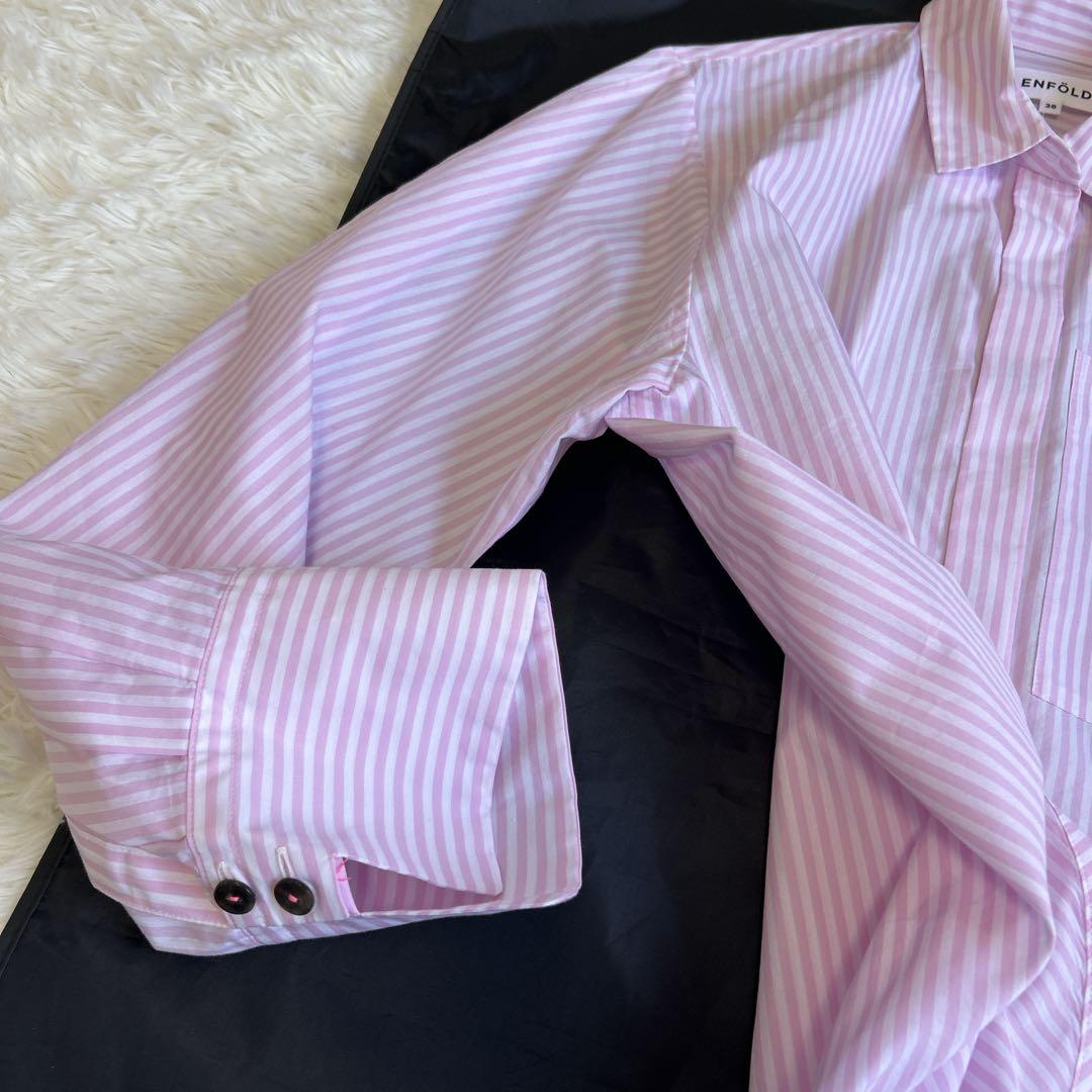 美品✨完売 エンフォルド ストライプ ソリッドスリーブシャツ ロゴ刺繍 ピンク