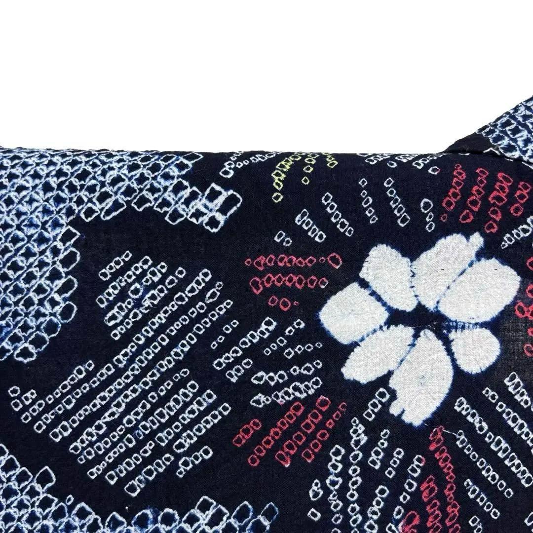 浴衣　有松鳴海絞り　花模様　リーフ　ネイビー系　着物　054w d