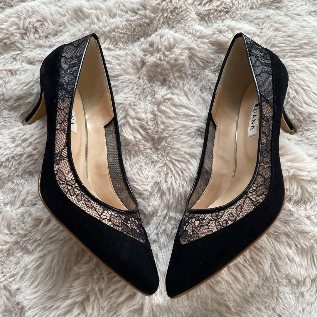 未使用【極美品】DIANA レースアップポインテッドトゥパンプス 25cm 黒