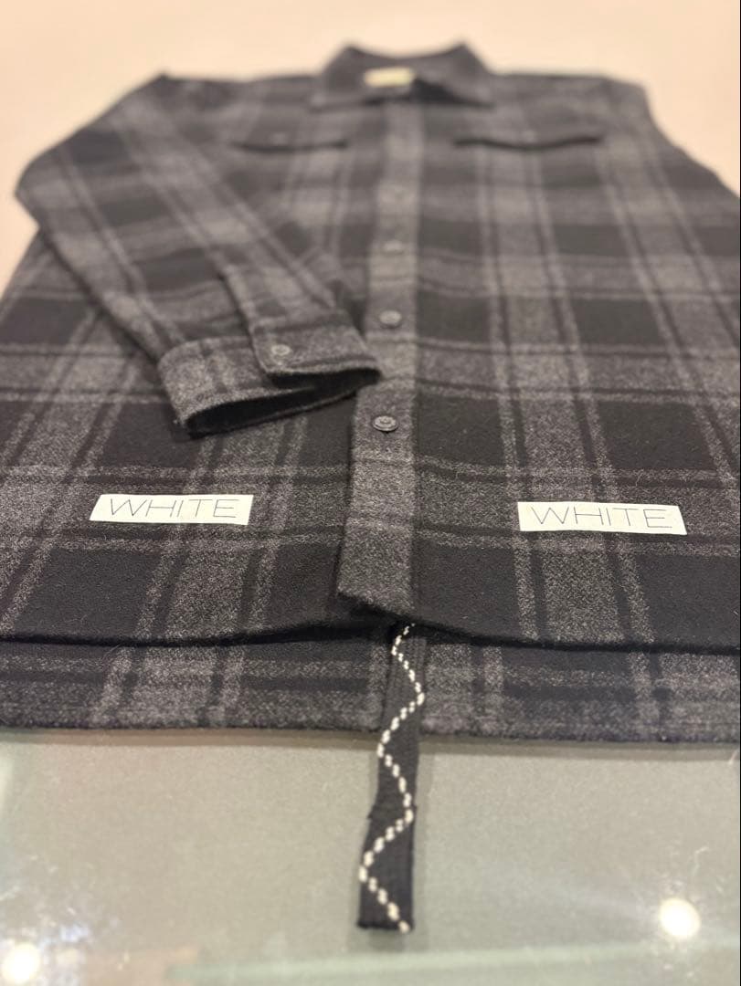 最終価格希少ブラックoff-whiteチェック柄長袖ロングシャツ