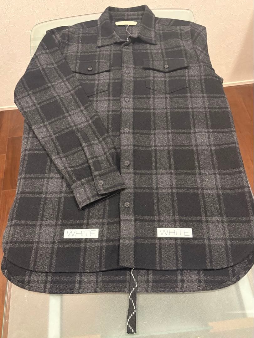 最終価格希少ブラックoff-whiteチェック柄長袖ロングシャツ