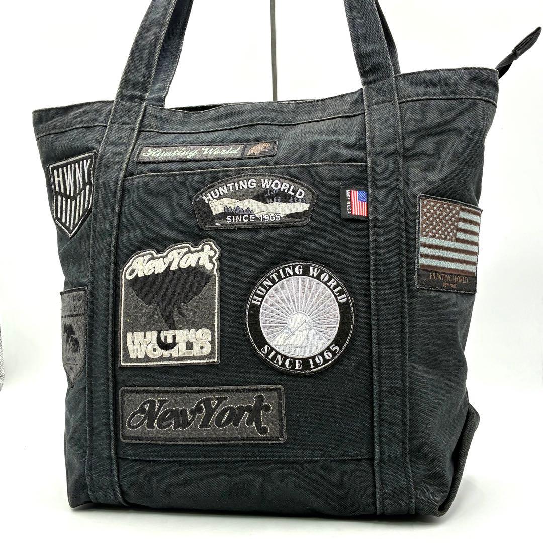 極美品 ハンティングワールド トートバッグ 肩掛け デニム ワッペン A4 黒