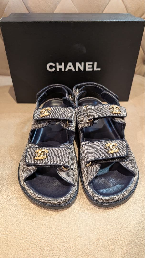 CHANELシャネル フットベット デニム調ベロア サンダル 38