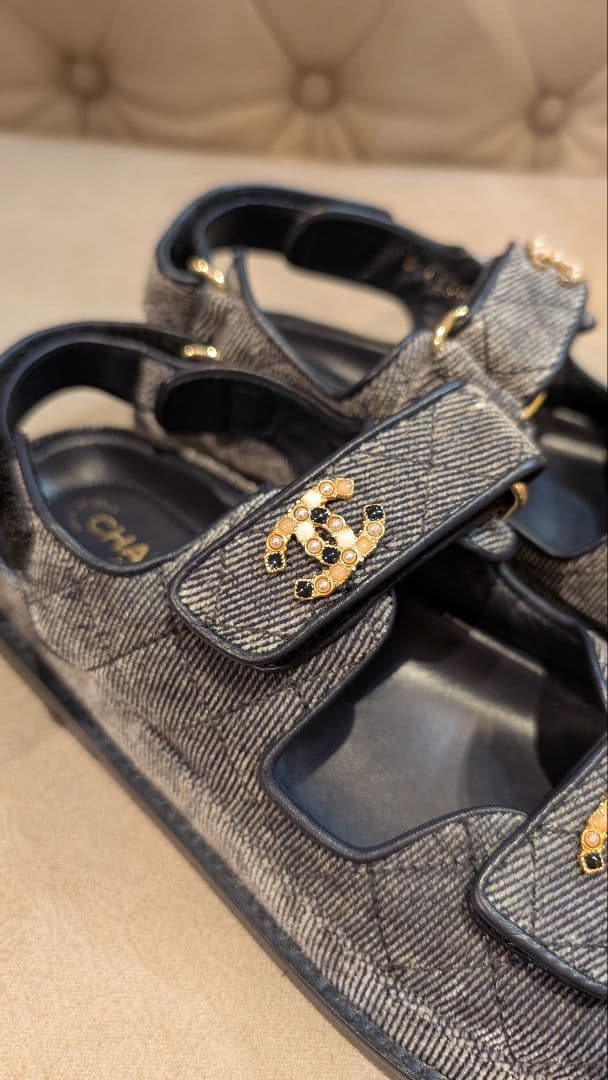 CHANELシャネル フットベット デニム調ベロア サンダル 38