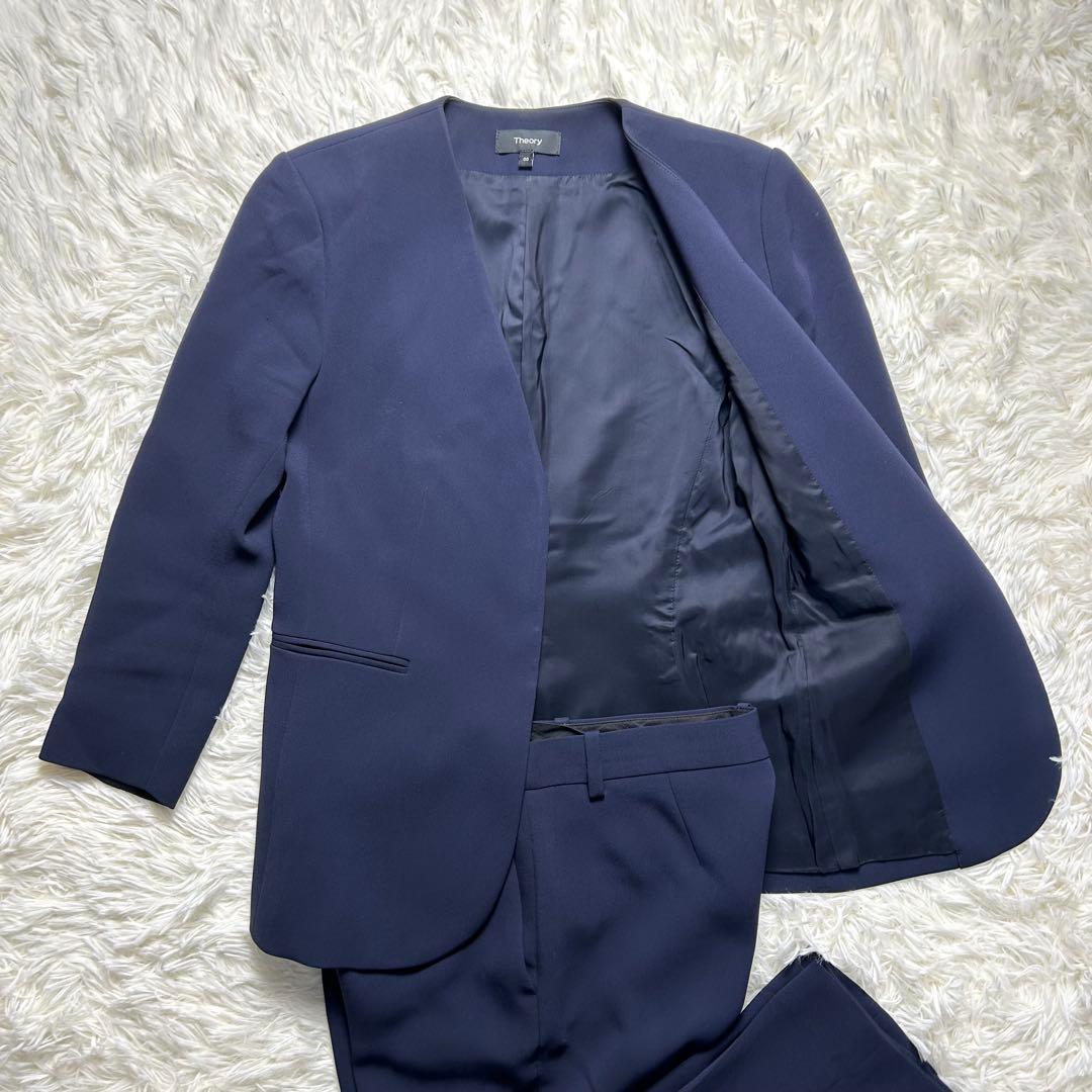 Theory セオリー ノーカラー パンツスーツ セットアップ ネイビー
