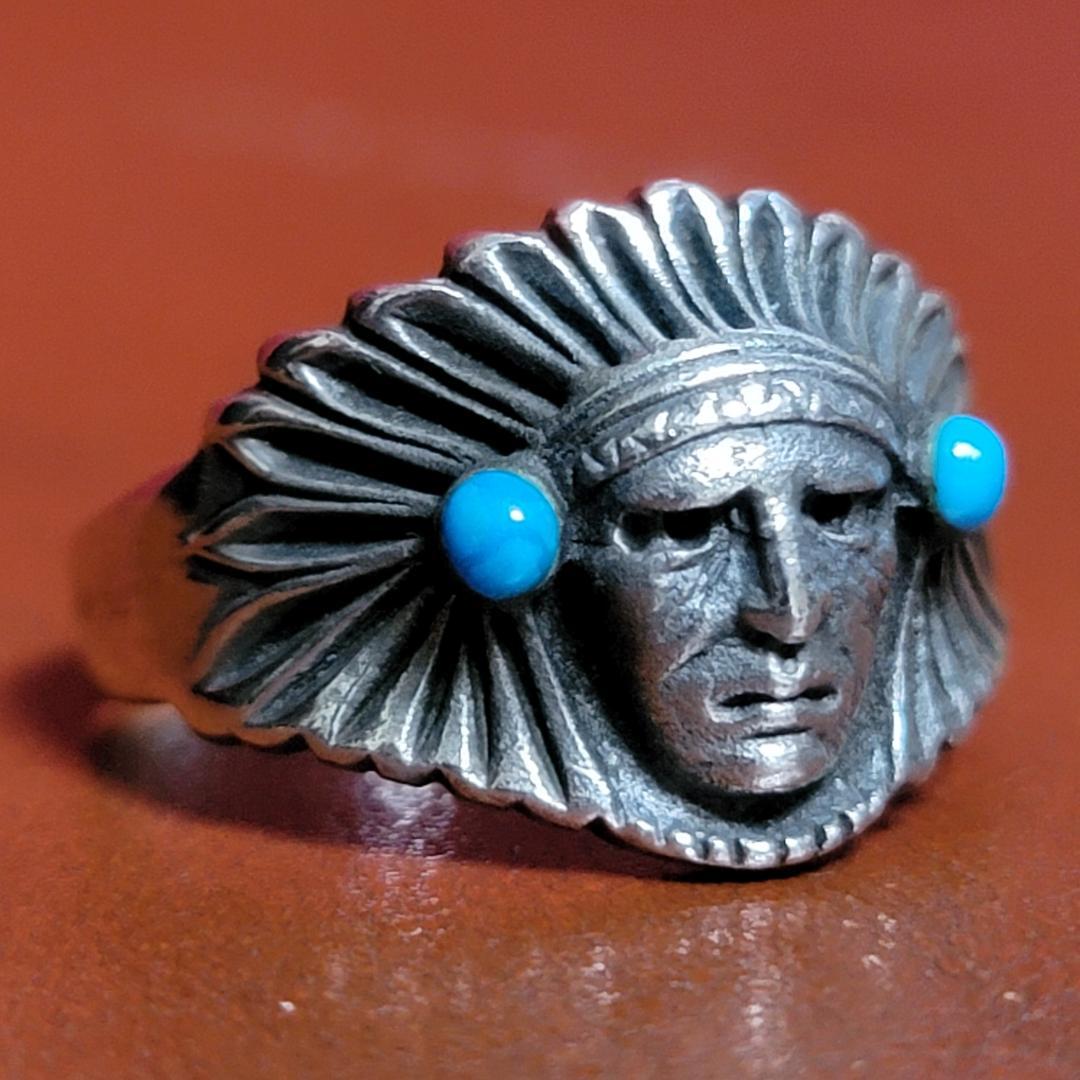 ビンテージ品 銀の指輪 インディアンヘッド ターコイズ シルバーリング 925