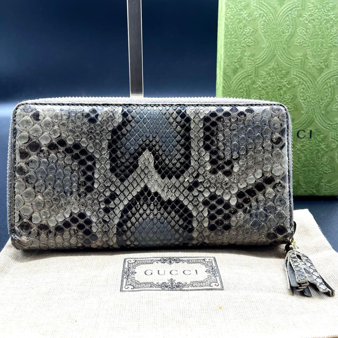 希少/美品✨グッチ 長財布 ラウンドファスナー ソーホー パイソン グリーン