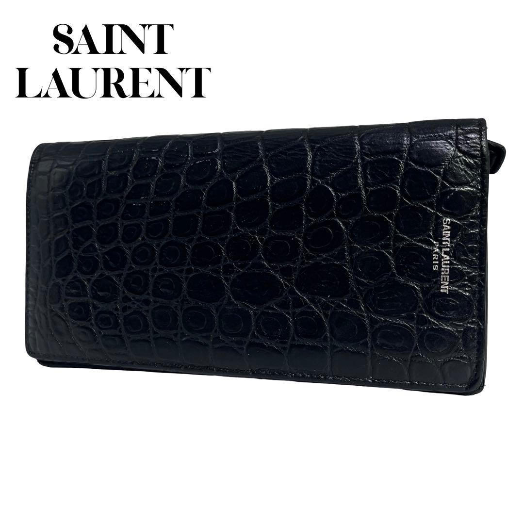 希少✨サンローラン 長財布 クロコ型押し ロゴ刻印 レザー ブラック 黒