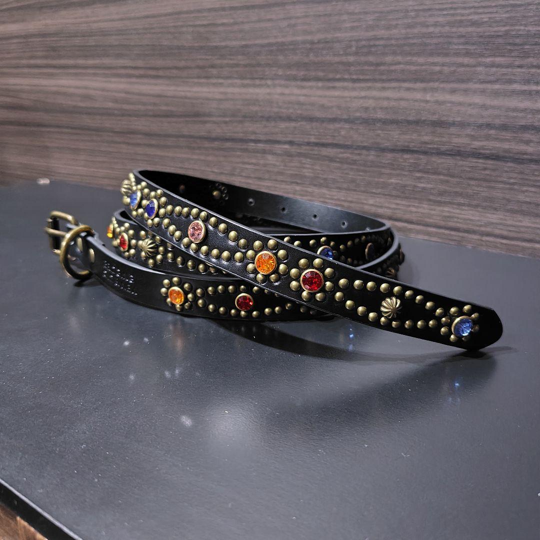 クロス虹■本革レザーフルスタッズナローベルト☆マルチアンティークゴールドブラスト