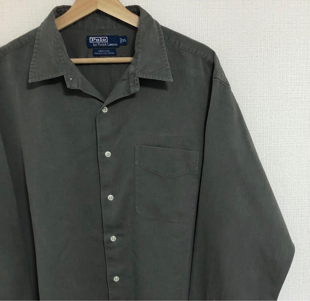 完全無地 長袖90s ポロ ラルフローレン オープンカラー 開襟 シャツ グレー