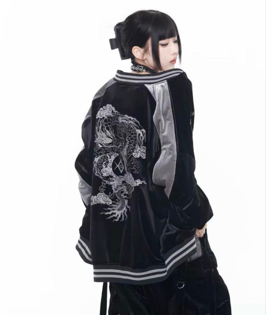 【最終値下げ】REFLEM ドラゴン刺繍 ベロア スカジャン 黒 シルバー