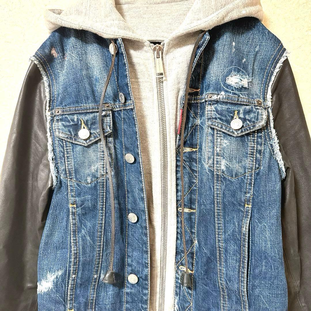DSQUARED2 デニム ジャケット 袖レザー 46 ダメージ加工 パーカー