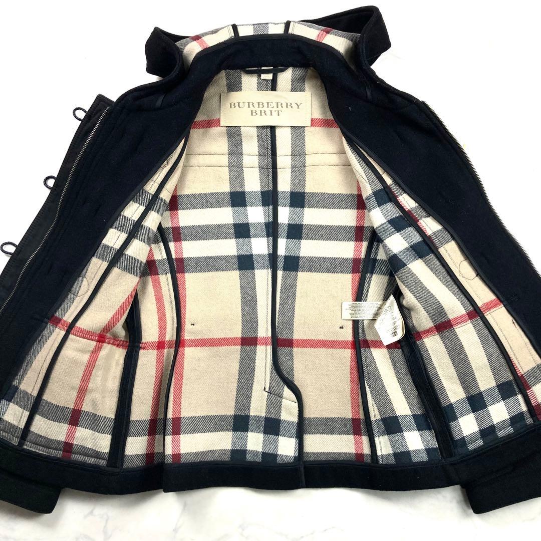 未使用級 バーバリーブリット ショート ダッフルコート　黒 メガネチェック