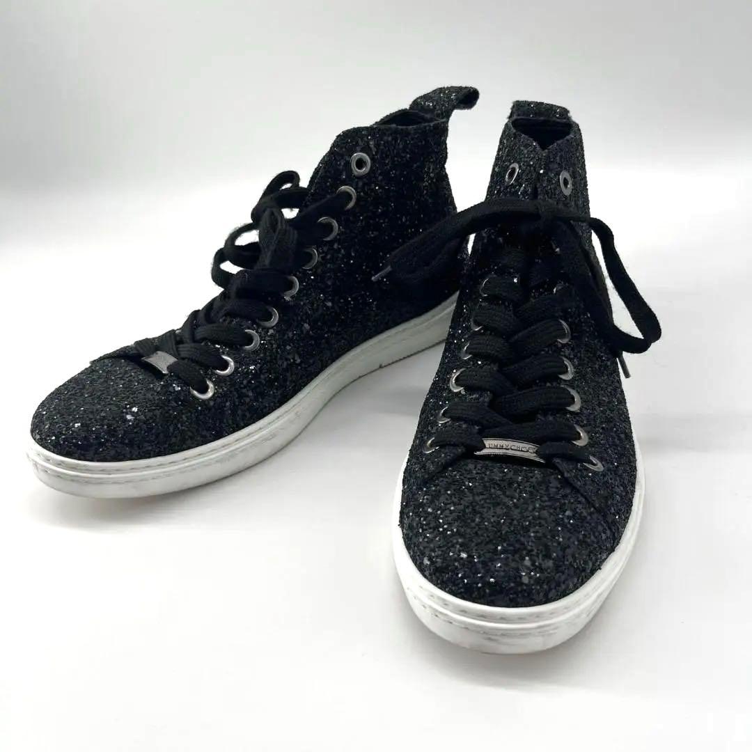 16153✨美品✨ジミーチュウ グリッター ラメ ハイカットスニーカー 黒 42