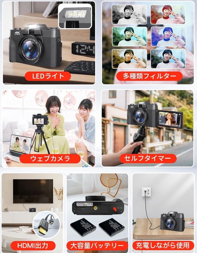 4Kデジタルカメラ 4800万画素 180度回転可能なディスプレイ