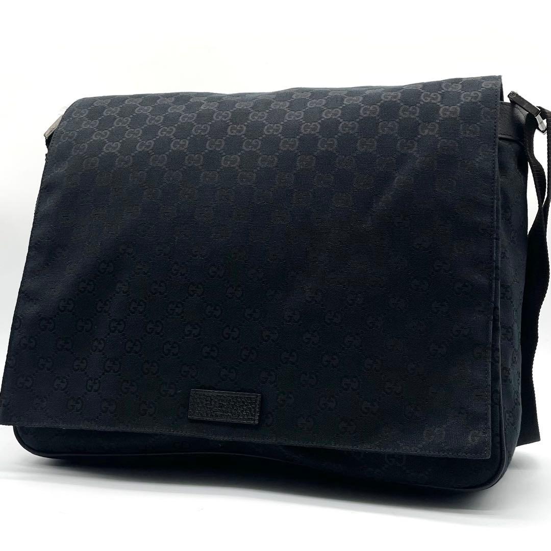 【極美品】グッチ メッセンジャーバッグ GG キャンバス レザー A4 ブラック