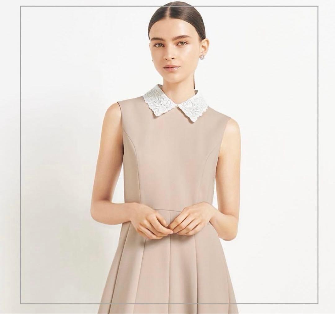 フォクシー白襟ワンピース/サンドベージュ 38クリーニング済み極美品