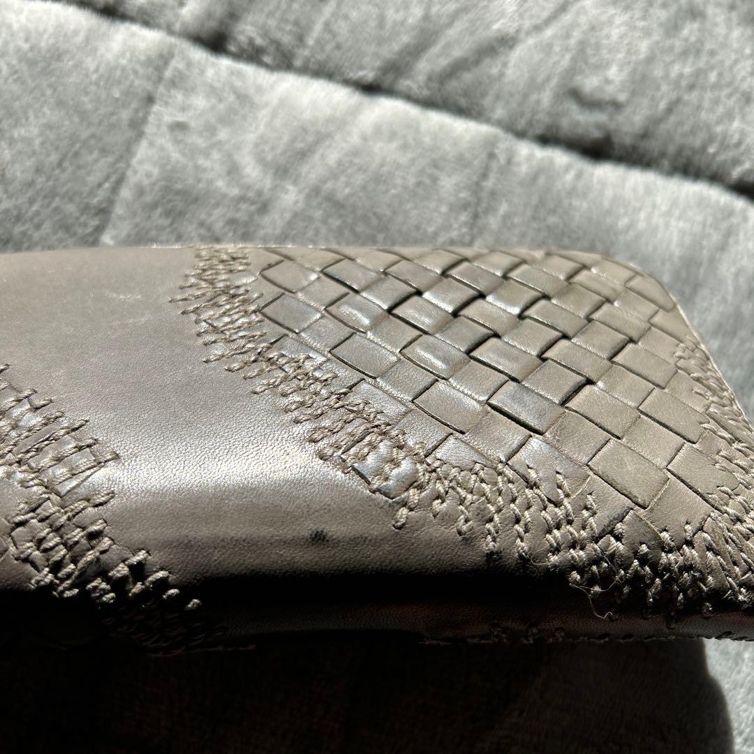 BOTTEGA VENETA グレー レザー 長財布 編み込みデザイン