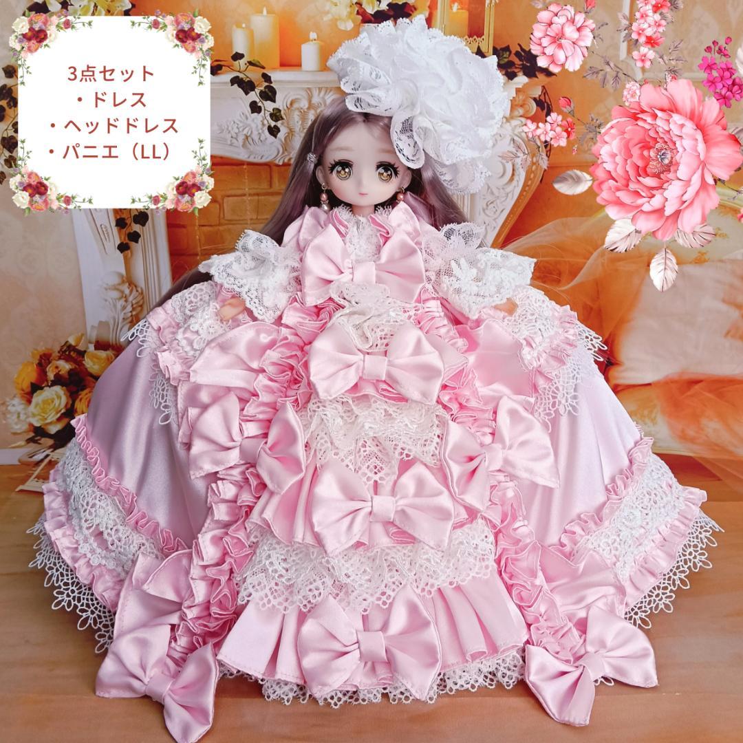 ミリィ　リカちゃんサイズ　ピンク　リボンのロココ調ドレス　手作り　ドール服