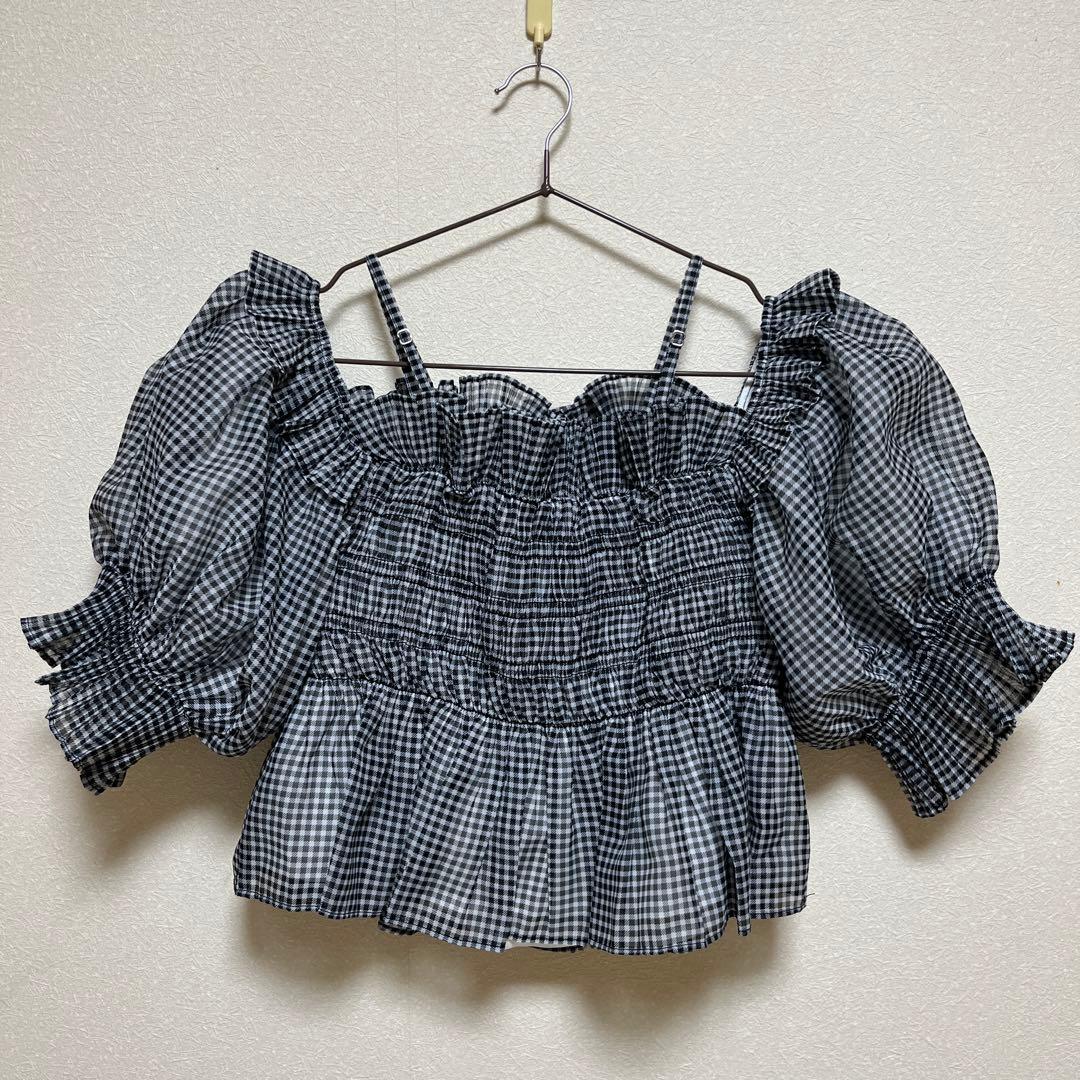 SNIDEL Sustainableギャザーオフショルブラウス CHECK