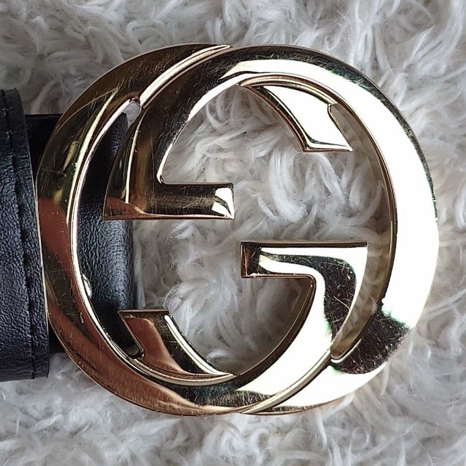 グッチ インターロッキング ゴールド バックル レザー ベルト ロゴ金具 黒