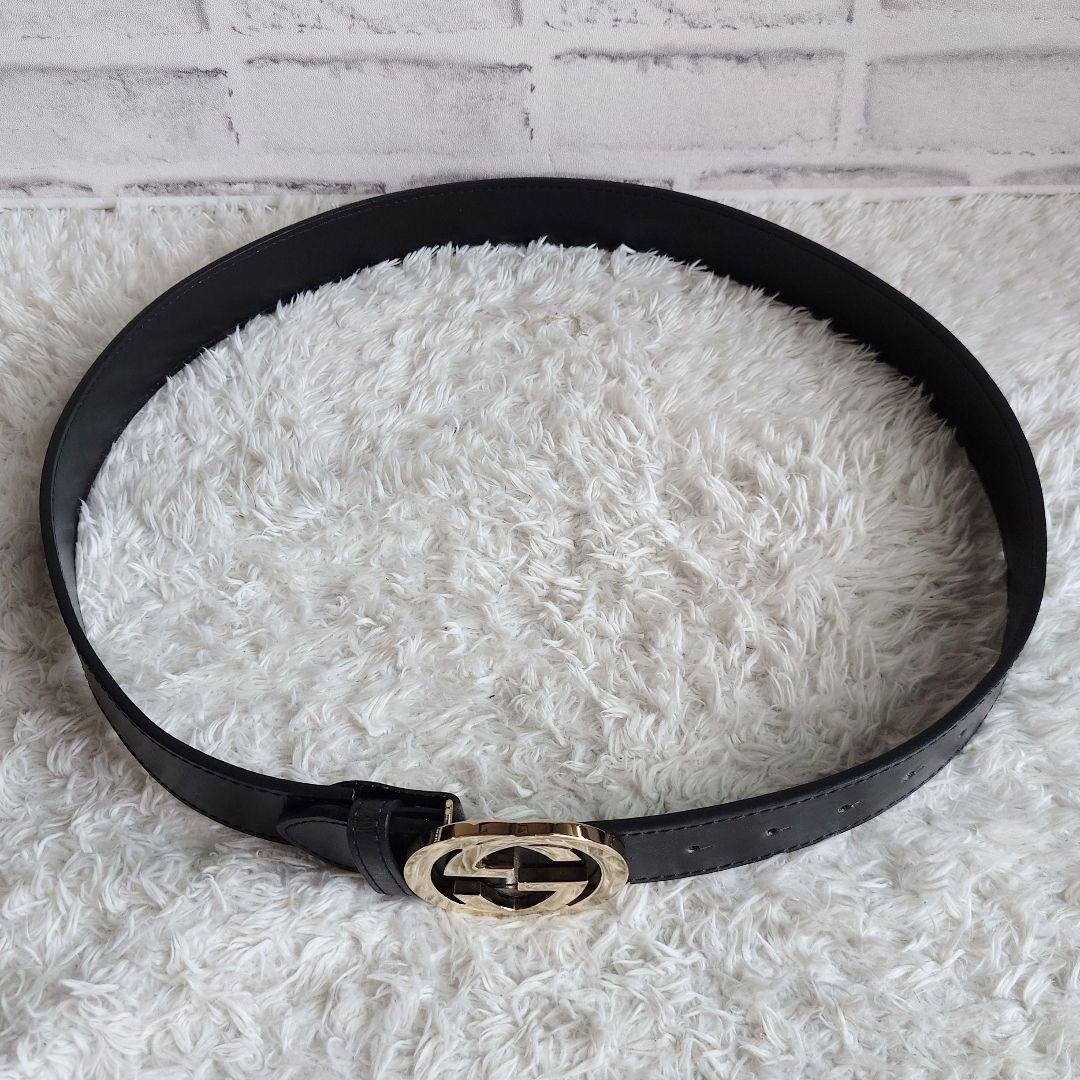 グッチ インターロッキング ゴールド バックル レザー ベルト ロゴ金具 黒