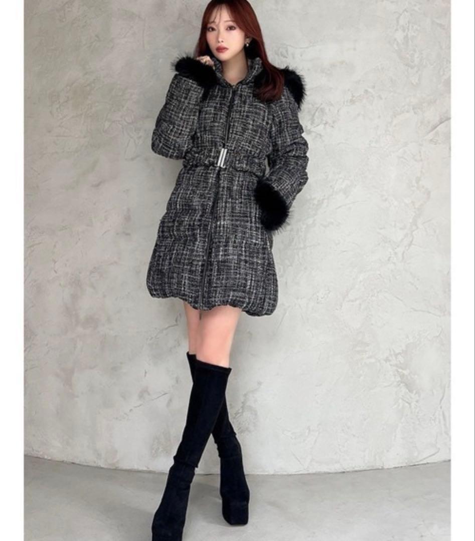 最安値！RESEXXY ファー付きダウンジャケット Mサイズ ツイード白黒生地