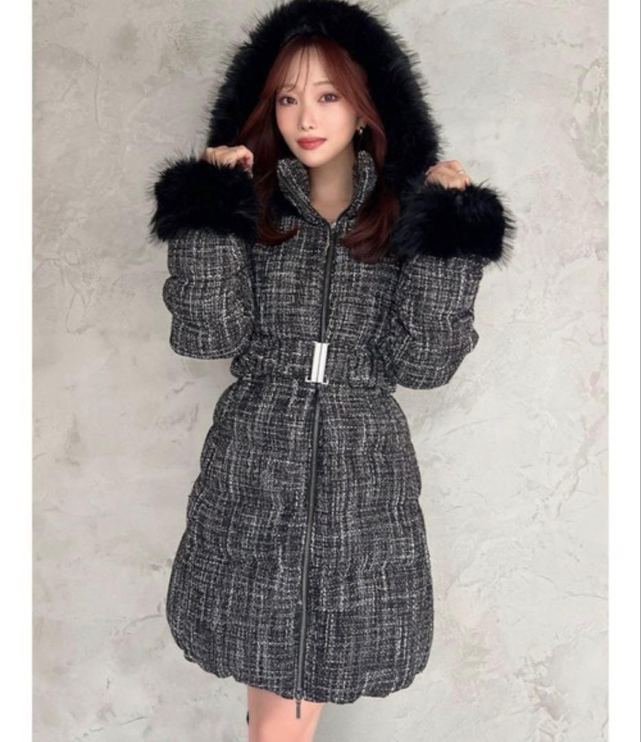 最安値！RESEXXY ファー付きダウンジャケット Mサイズ ツイード白黒生地