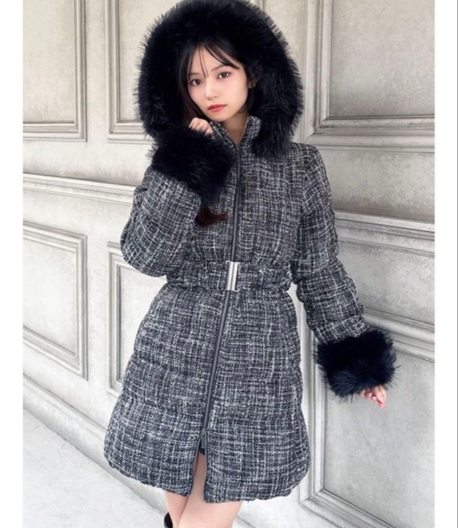 最安値！RESEXXY ファー付きダウンジャケット Mサイズ ツイード白黒生地