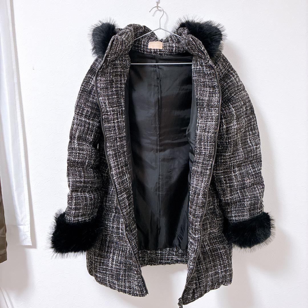 最安値！RESEXXY ファー付きダウンジャケット Mサイズ ツイード白黒生地