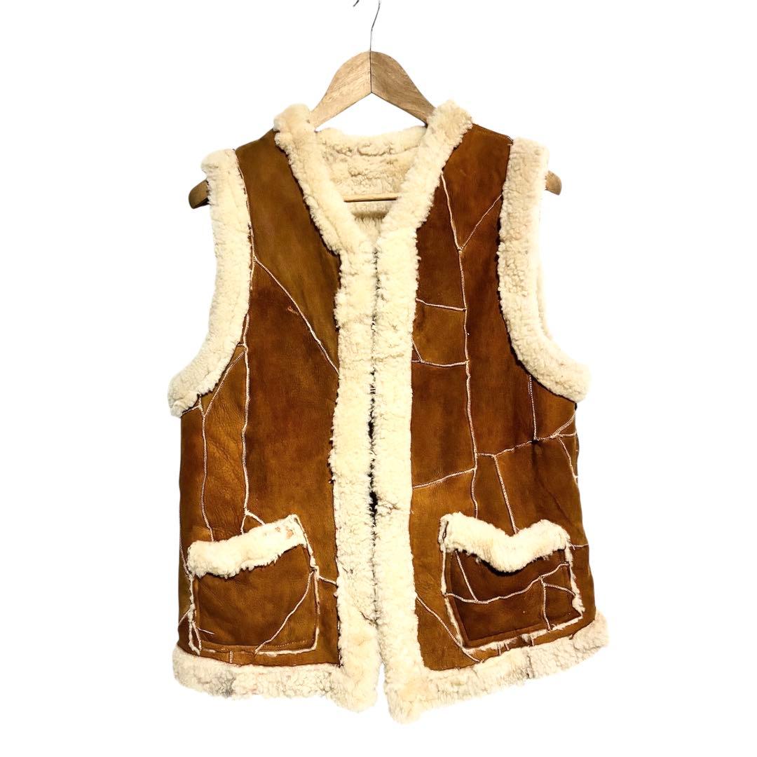 Unknown ヴィンテージ　アンティーク　パッチワークムートンベスト　ブラウン