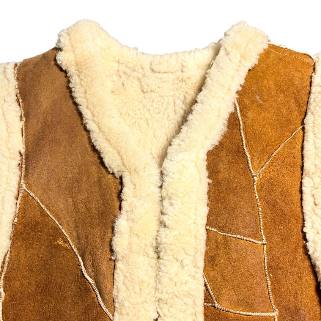 Unknown ヴィンテージ　アンティーク　パッチワークムートンベスト　ブラウン