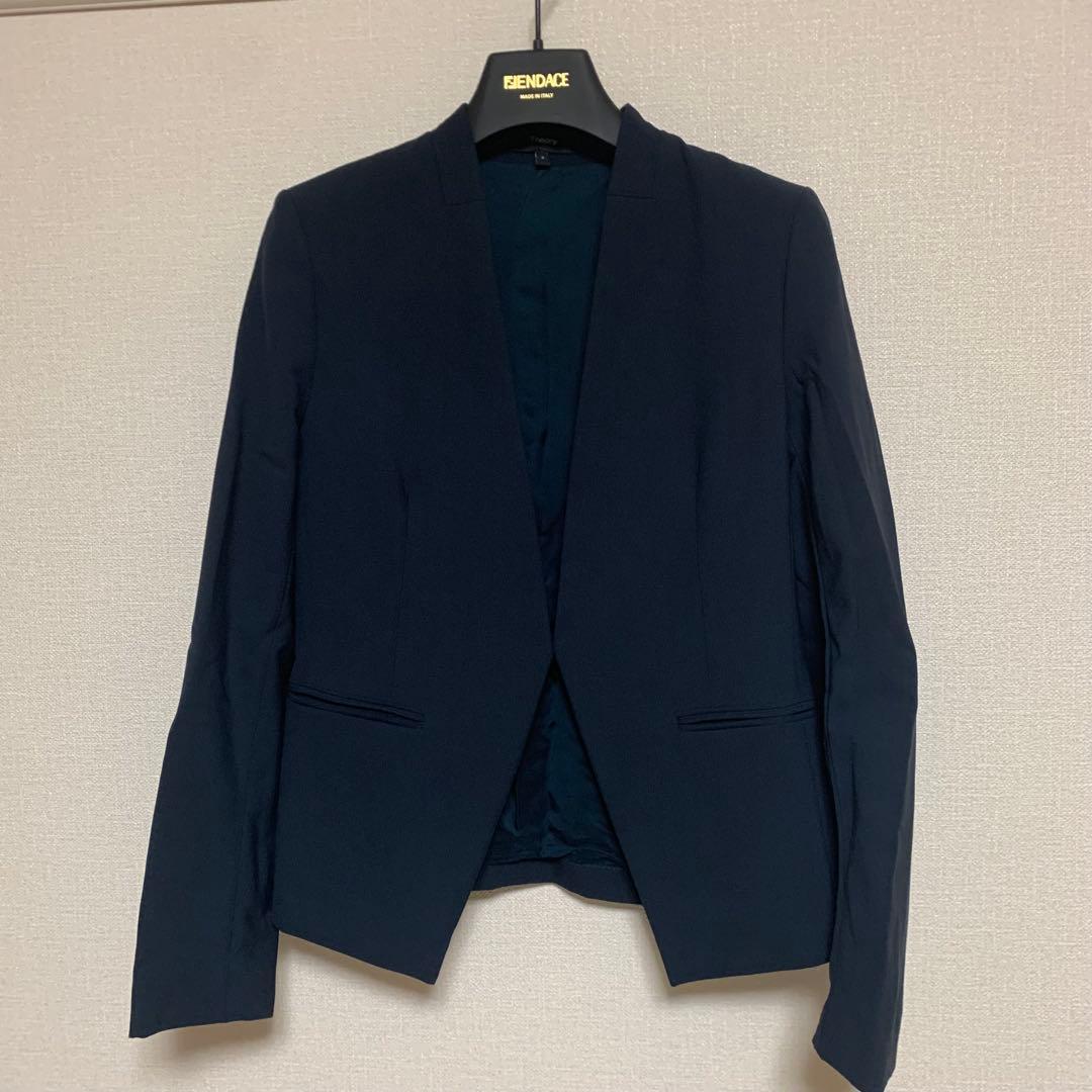 【大人気】セオリー　現行　パンツスーツ　ネイビー　0 ノーカラー　セットアップ