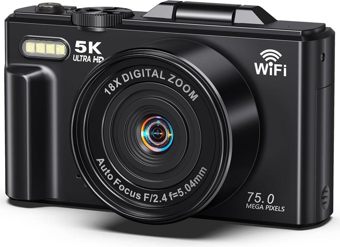 新品！デジカメ　コンパクト　5k ブラック　軽量　180度回転画面　自撮り大画面