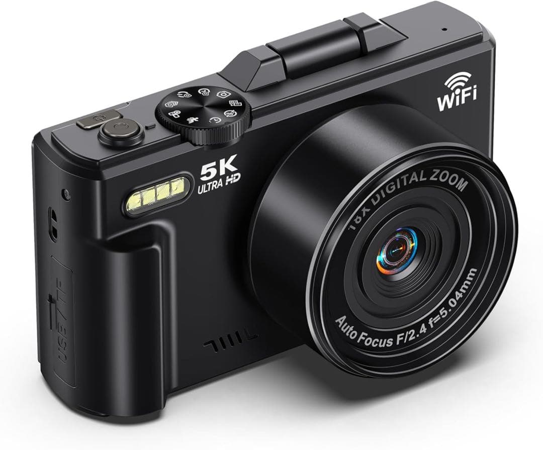 新品！デジカメ　コンパクト　5k ブラック　軽量　180度回転画面　自撮り大画面