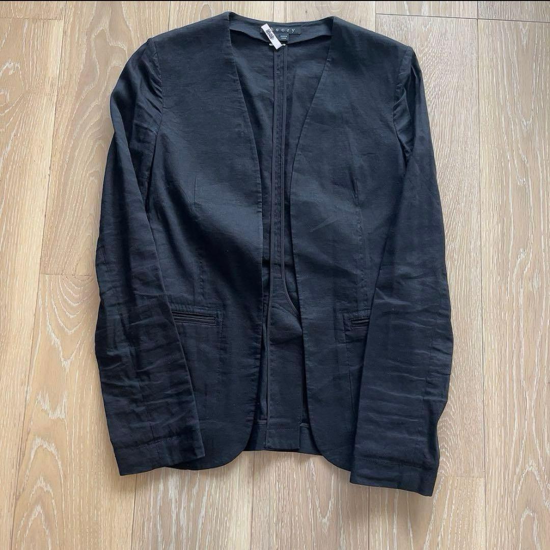 Theory セットアップ ノーカラージャケット パンツ リネン ブラック