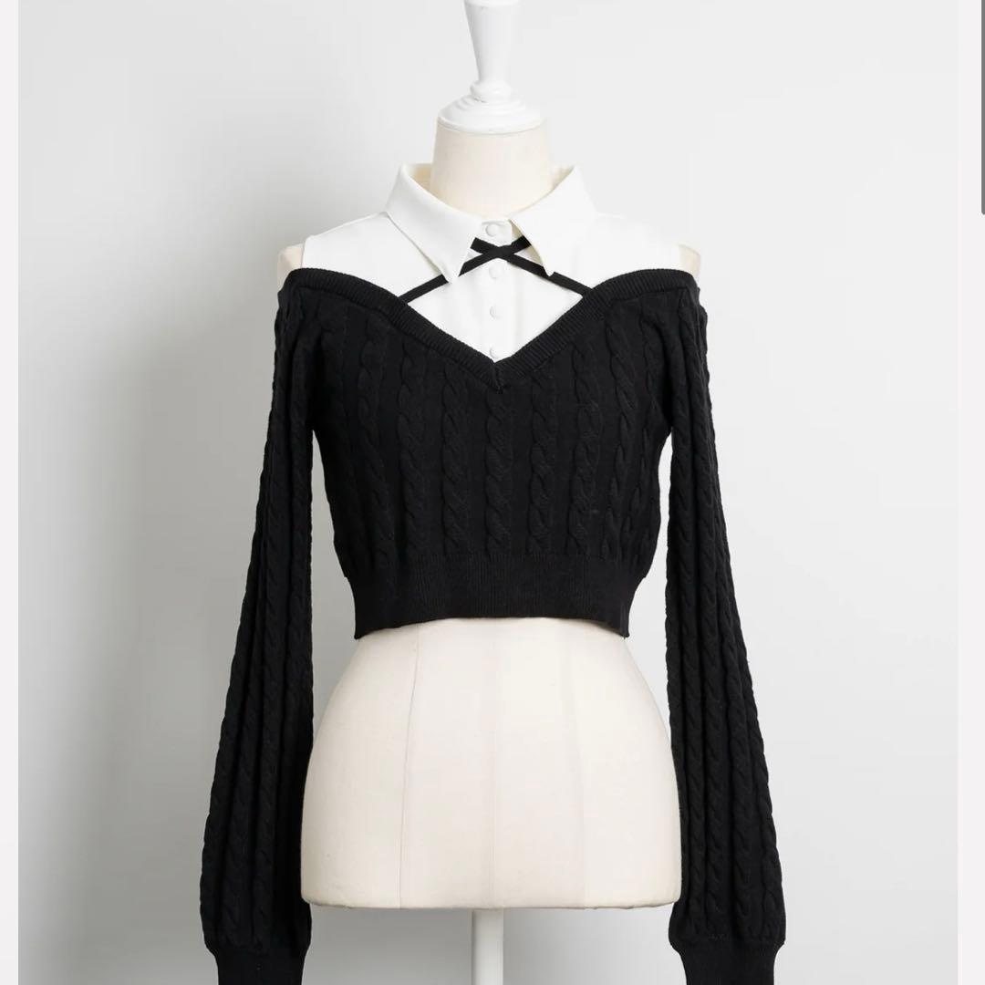 シャツレイヤードオープンショルダーニット pium ブラック