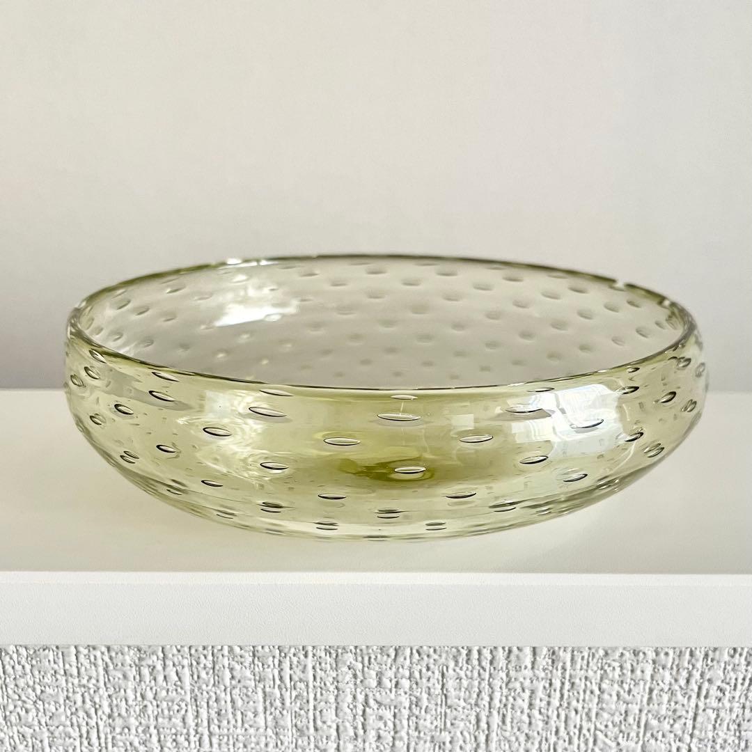 新島ガラス 浅鉢 共箱/水玉鉢 火山ガラス 器 バブル オリーブグリーン