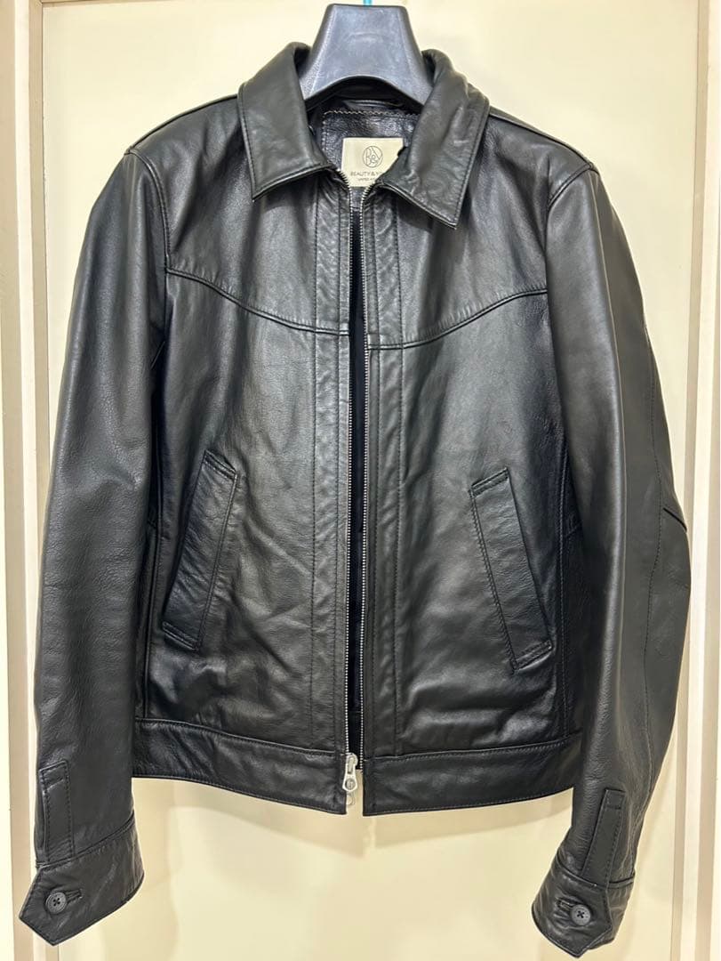 【良品】革ジャン　BEAUTY&YOUTH ブラックレザー　ライダースジャケット