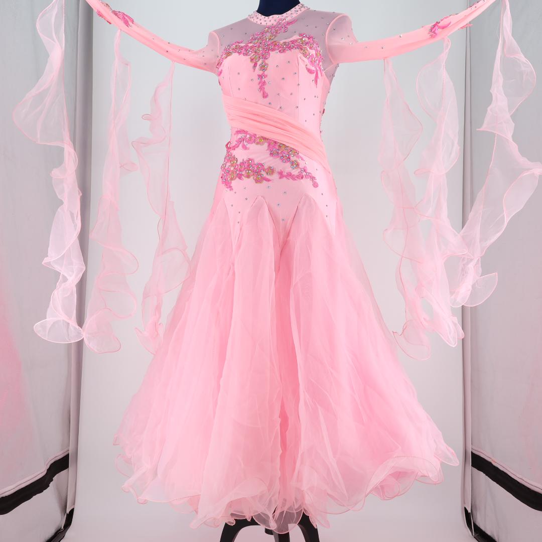 【社交ダンス衣装】ピンク 豪華フリル ワンピース ドレス ラインストーン 花柄