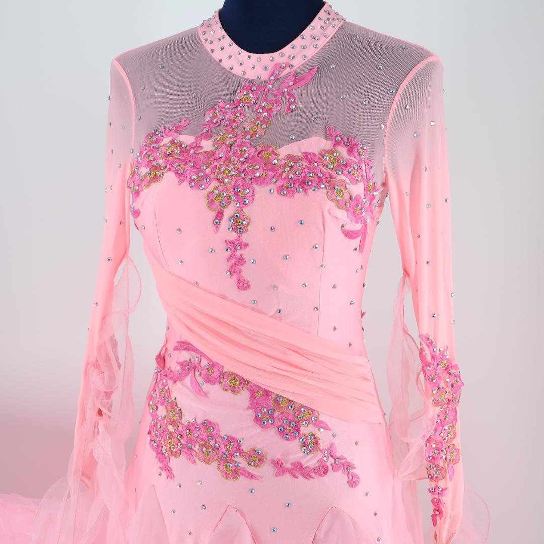 【社交ダンス衣装】ピンク 豪華フリル ワンピース ドレス ラインストーン 花柄