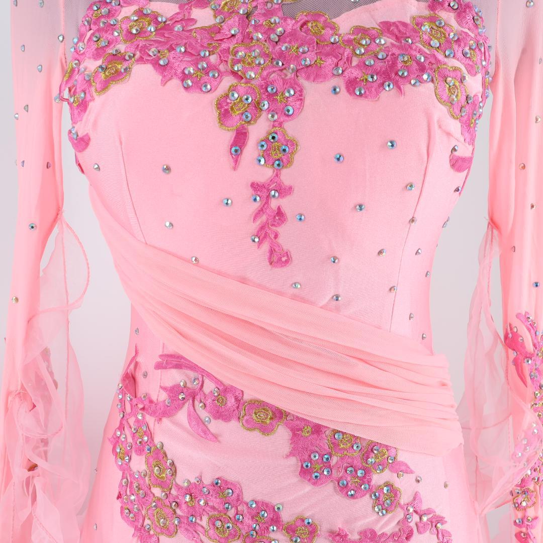 【社交ダンス衣装】ピンク 豪華フリル ワンピース ドレス ラインストーン 花柄