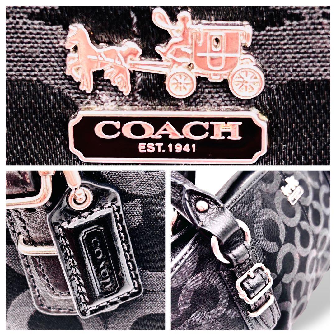 【美品】COACH　コーチ　シグネチャー　黒色ハンドバッグ　人気　キャンバス