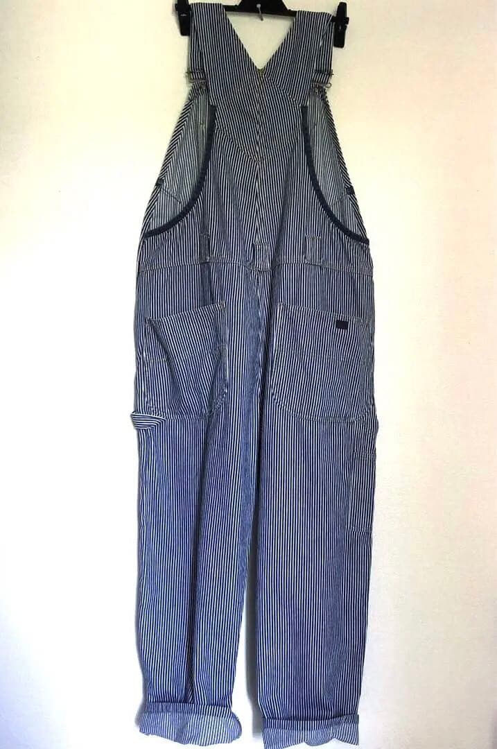 PAPAS パパス ヒッコリー オーバーオール 紺×白　M〜L メンズ　美品